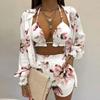 Sexy Floral Print Three Piece Beachwear Set with Bikini Top, Shorts, and Cover-Up Shirt