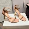 Fashion Stiletto Heels Women's Summer New Square Toe Open Toe One Buckle Square Toe Anti-Slip Wear-Resistant Sandals