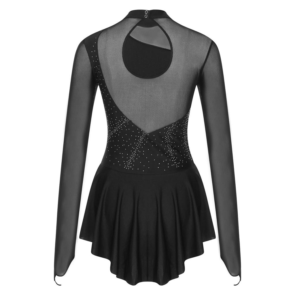 Womens Girls Figure Skating Dance Dresses Glitter Rhinestone Sheer Mesh Patchwork Long Sleeve Leotard Dress