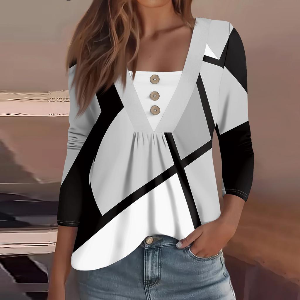 Women's Fashion Casual Long Sleeve Shirt Floral Printed Button V Neck Up Tops