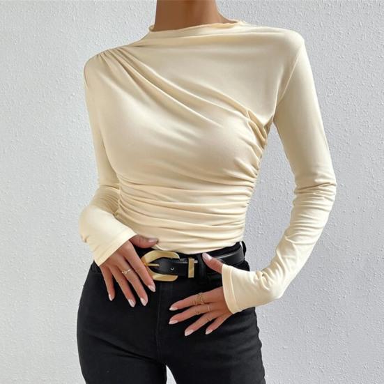 Women Solid Color Bottom Shirt Half High Collar Long Sleeve Bottoming Top Solid Color Slim Fit Pleated Pullover Tops
