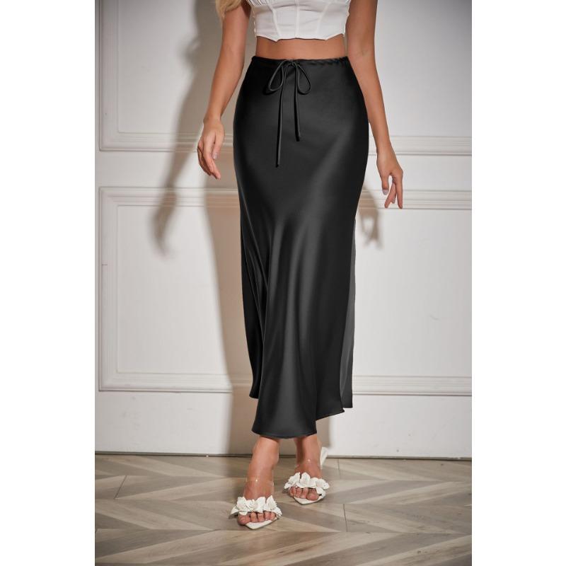Satin High Waist Drawstring Tie Solid Color Halter Skirt