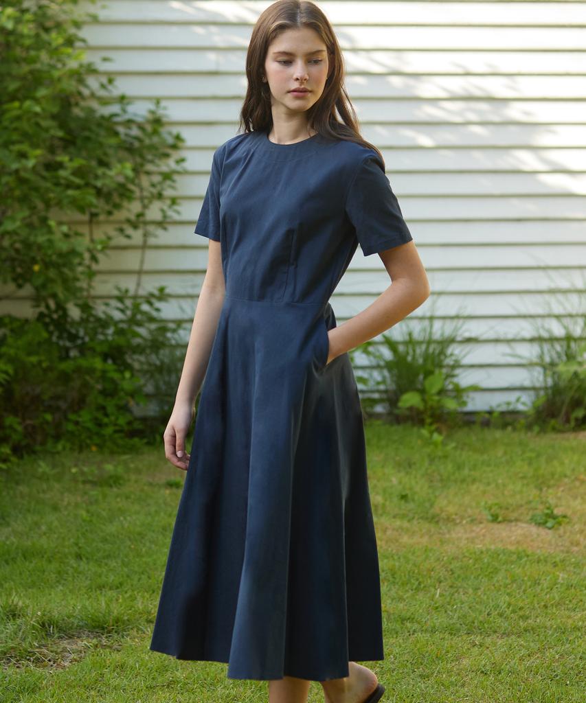 Nonlocal Linen Flared Dress - Navy