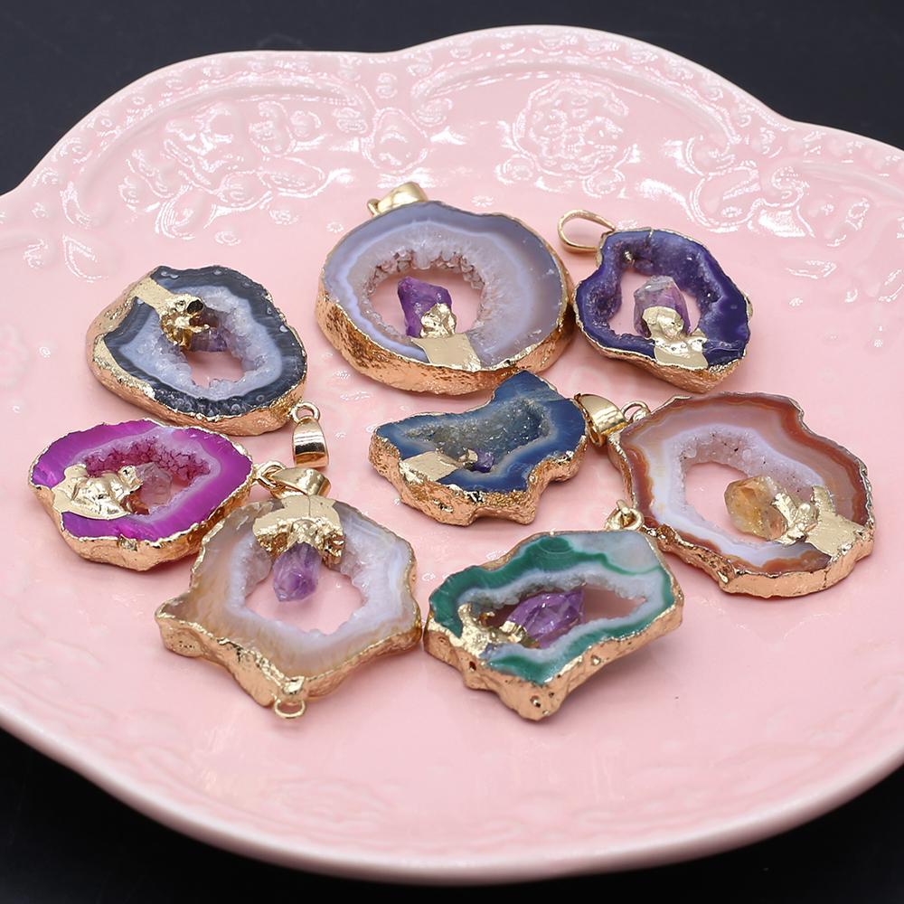1Pc Energy Natural Agates Pendants with Amethyst, Fashion Handmade Irregular Druze Charms for Jewelry Making DIY Accessories Fit Necklaces Craft Gift