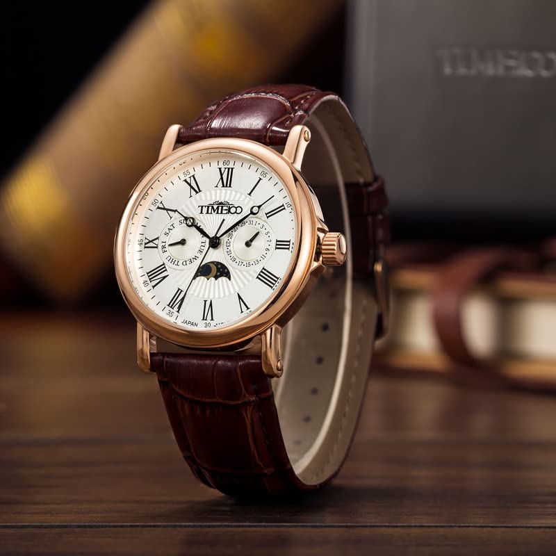 Часы Time100 Дата День недели Дисплей Дисплей Японский механизм Часы для офисных работников Взрослые Коричневый кожаный ремень Розовое золото День/Ночь Мужские Мужские