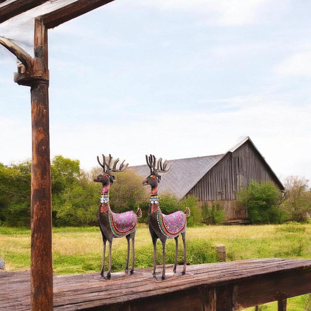 Расписанный вручную набор из 2 ярких цветных железных оленей для украшения стола, гостиной, офиса, домашнего декора, подарочный предмет 10,5x4,5 дюйма (Набор оленей)