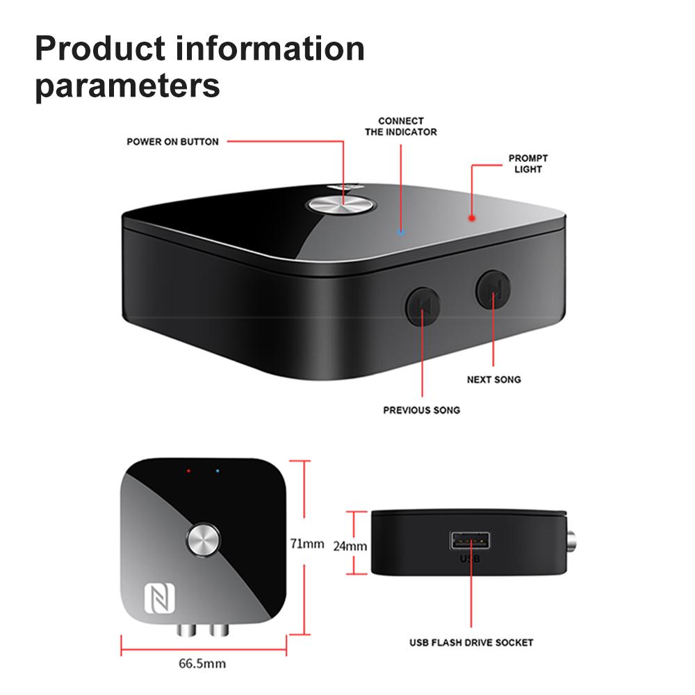 NFC Bluetooth Receiver 2RCA PD 3.5mm Jack Aux Wireless Adapter with Remote Control Car Bluetooth 5.3 Audio Receiver for TV