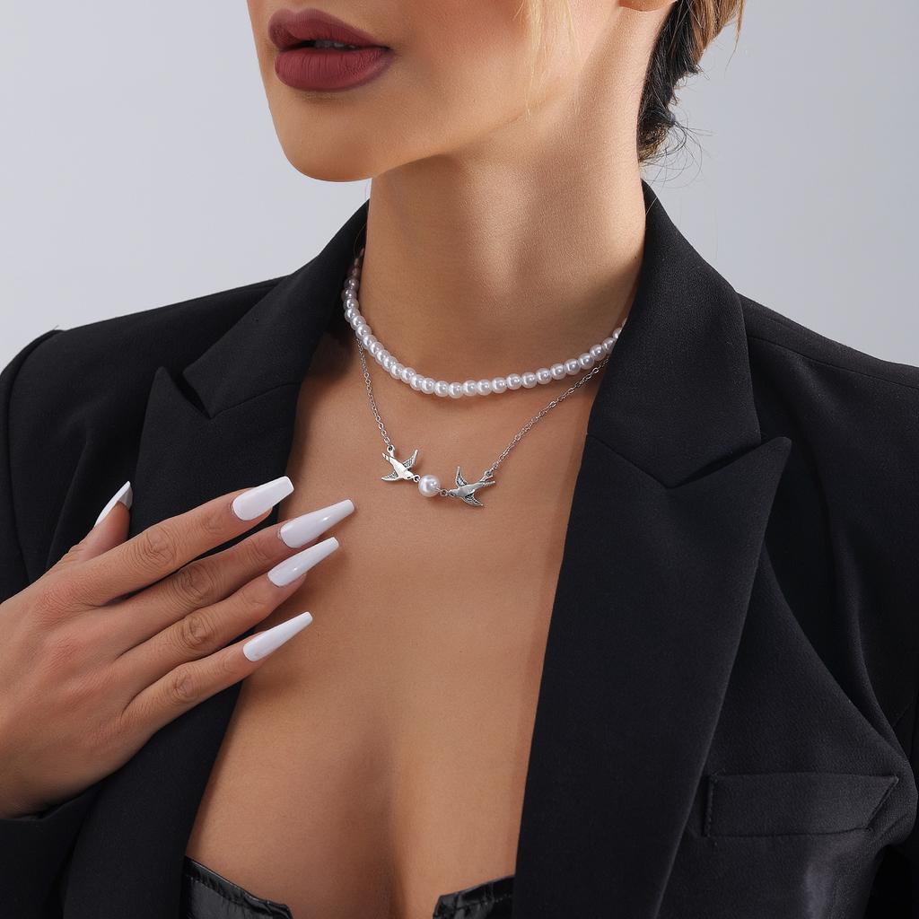 Valentine'S Day Lobe Double Beaded Mixed And Matched Metal Chain Necklace Ins Imitation Pearl Double Flying Swallow Necklace Female