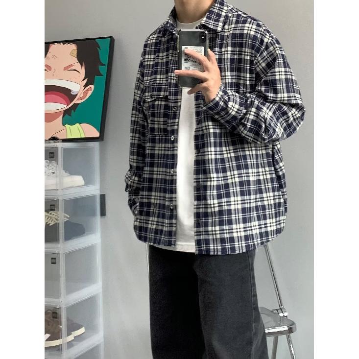 2024 Клетчатая рубашка с длинным рукавом в японском стиле Гонконга Ins Свободная рубашка для мальчиков Летнее модное универсальное повседневное пальто