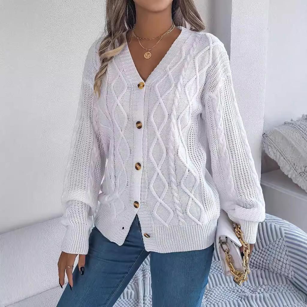 Autumn and Winter Women's Casual V-neck Lantern Sleeve Twist Button Knit Cardigan Sweater Jacket
