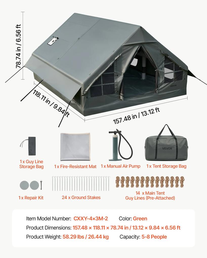 VEVOR Inflatable Tent for Camping 5-8 Person Blow Up Tent with Hand Pump, for Family Outdoor Glamping, Waterproof 420D Oxford