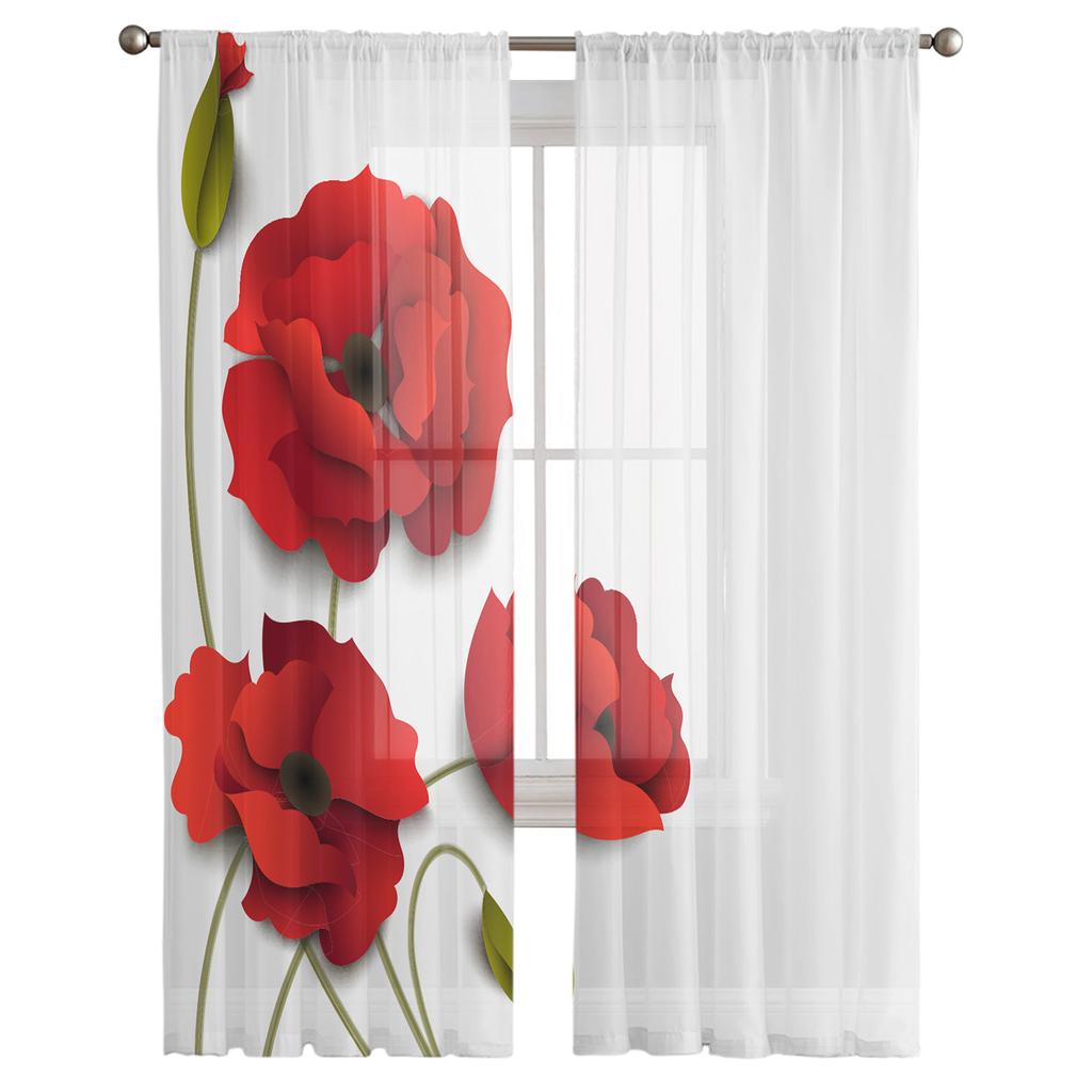 Красный цветок мака, белые шифоновые прозрачные шторы для гостиной, спальни, украшение дома, оконная вуаль, тюлевые шторы, занавеска