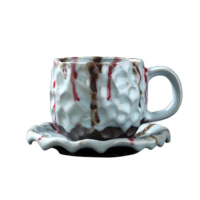 Винтажная керамическая кофейная кружка 270 мл с блюдцем, узор "молоток", каменная эспрессо-чашка с ручкой, японский стиль