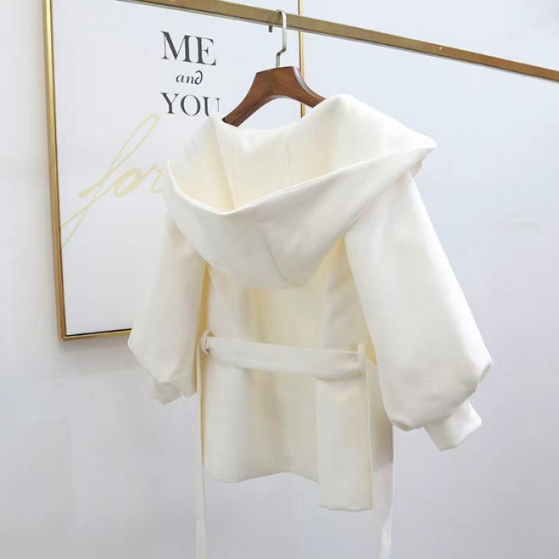 Пальто-накидка из красной шерсти в корейском стиле с капюшоном и завязкой, рукава-фонарики, модный короткий дизайн для миниатюрных женщин