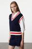 Women's Fashion Stylish Sweater Navy Blue V-Neck Knitwear Sweater