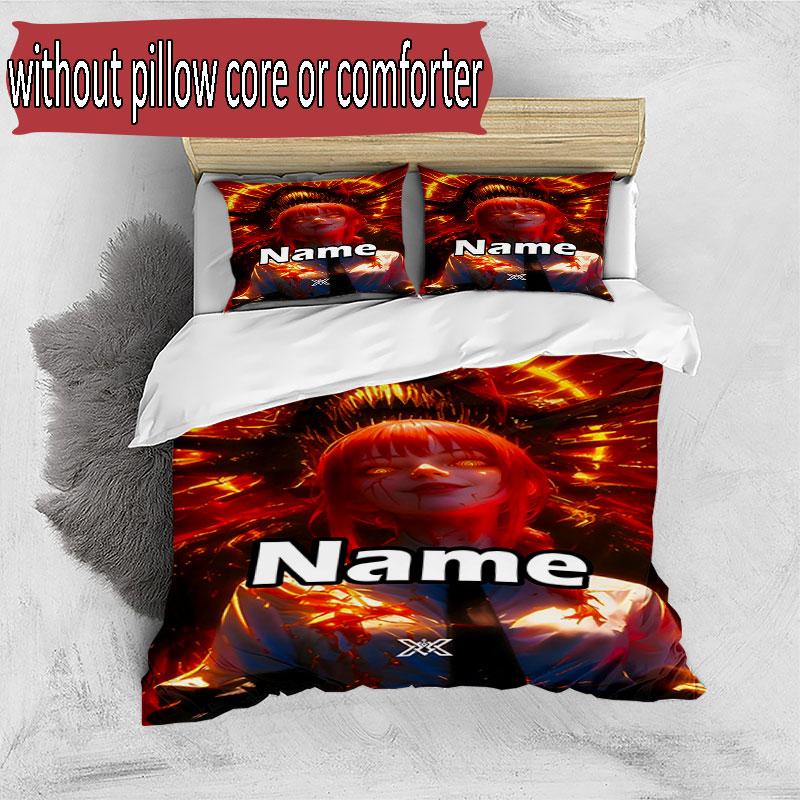 3pcs Duvet Cover Set (1*Duvet Cover + 2*Pillowcase, Without Core), Custom Name Makima Chainsaw Man Pattern Bedding Set, Home Bedroom Decor Gift