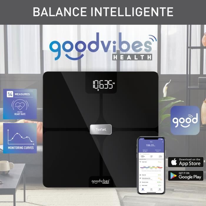 TEFAL Balance connectée, 14 indicateurs corporels, Application connectée, Capacité 180 kg, Plateau en verre 32x32 cm BM9670S1