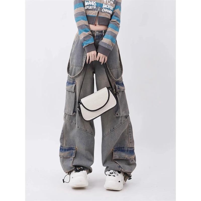 Flap Pocket Cargo Jogger Jeans Pants Women 2023 Vintage Low Rise Jean Harajuku Streetwear Straight Wide Leg Baggy Jeans Techwear Hip Hop Punk