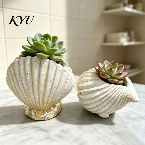 Indoor Balcony Flower Pot Seashell Conch Succulents Planter, Resin Ocean-Themed with Drainage Hole, Modern Desktop Ornament Beach Shell Planter