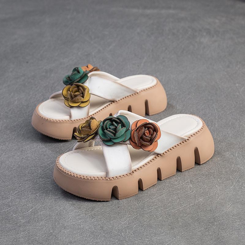 Johnature Женские туфли ручной работы с открытым носком в стиле ретро с цветочным принтом, легкие уличные тапочки из натуральной кожи на толстой подошве