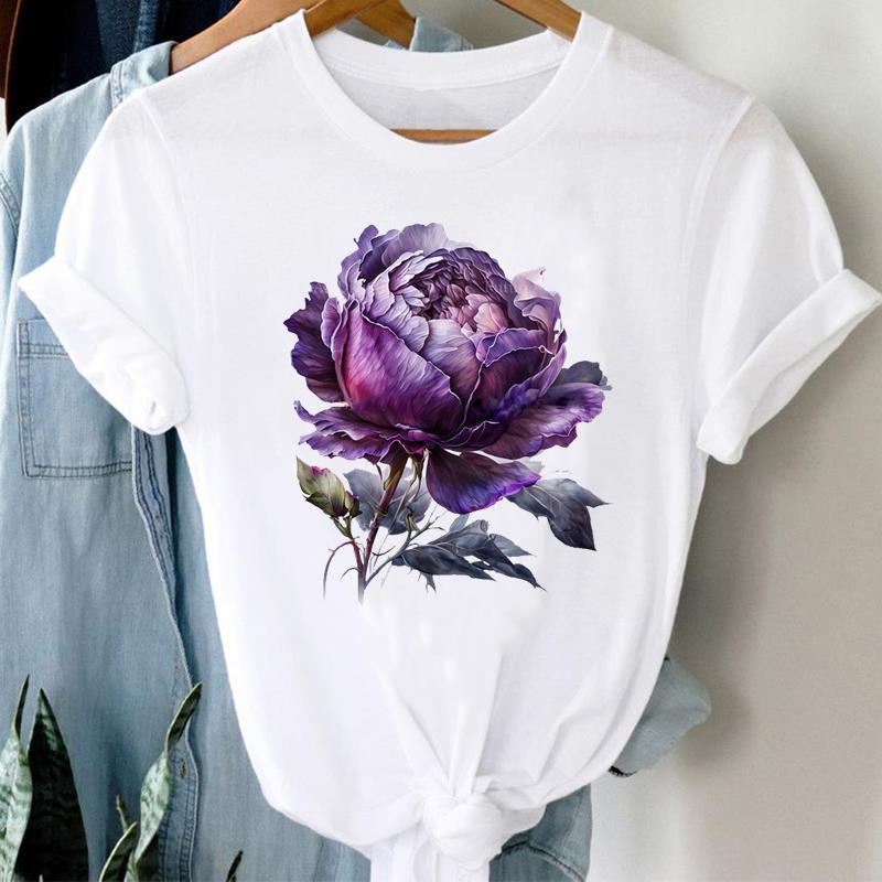 (Азиатский размер) Женская футболка с милым цветочным принтом, милая женская футболка 90-х годов, верхняя одежда, повседневная модная футболка с короткими рукавами, женские футболки с графическим рисунком