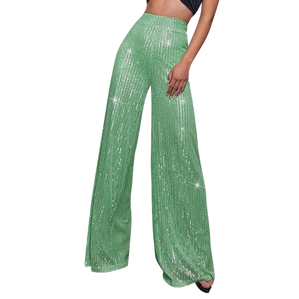 Women's Fashion Solid Color High Waist Sequin Side Zipper Draped Wide Leg Pants