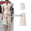 Autumn New Women's Clothing Minimalist Style Lapel Sleeveless Fitted Waist Vest Tops + Casual Long Wide-Leg Pants Suit