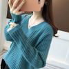 Women's Loose Fit V-Neck Striped Pullover Sweater - 2024 Autumn/Winter Korean Style