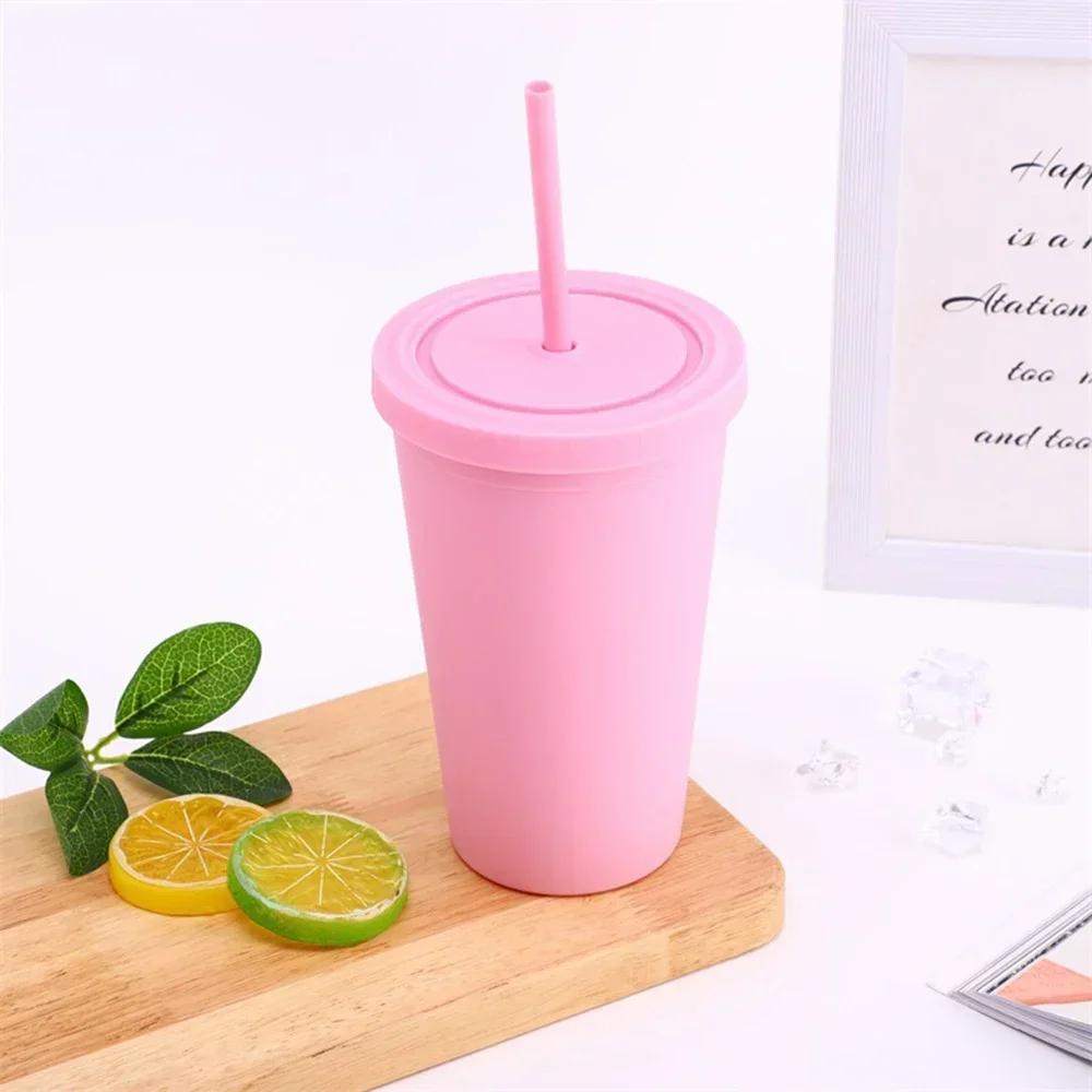 Candy Color Double-layer Plastic Straw Cup Coffee Cup Plastic Frosted Handy Water Cup Easy To Carry Straw Kettle Sports Bottle
