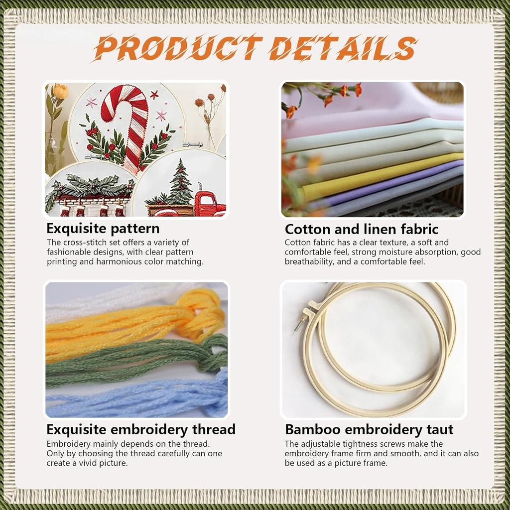 4 Набора Рождественской Вышивки для Начинающих Наборы для Вышивания Крестом Наборы для Вышивания Иглой для Взрослых с Схемой Иглы Нитки Инструменты
