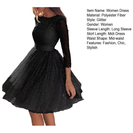 Glitter Starry Tulle Prom Dress for Women Long Sleeve Crew Neck Formal Evening Dress Mesh Cocktail Party Short Dress