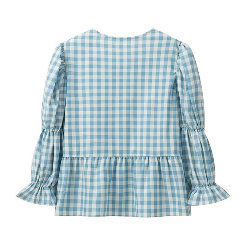 Рубашка в клетку с завязкой спереди и бантом, женская свободная, с круглым вырезом, с коротким рукавом, блузка, весна-лето, повседневные простые топы