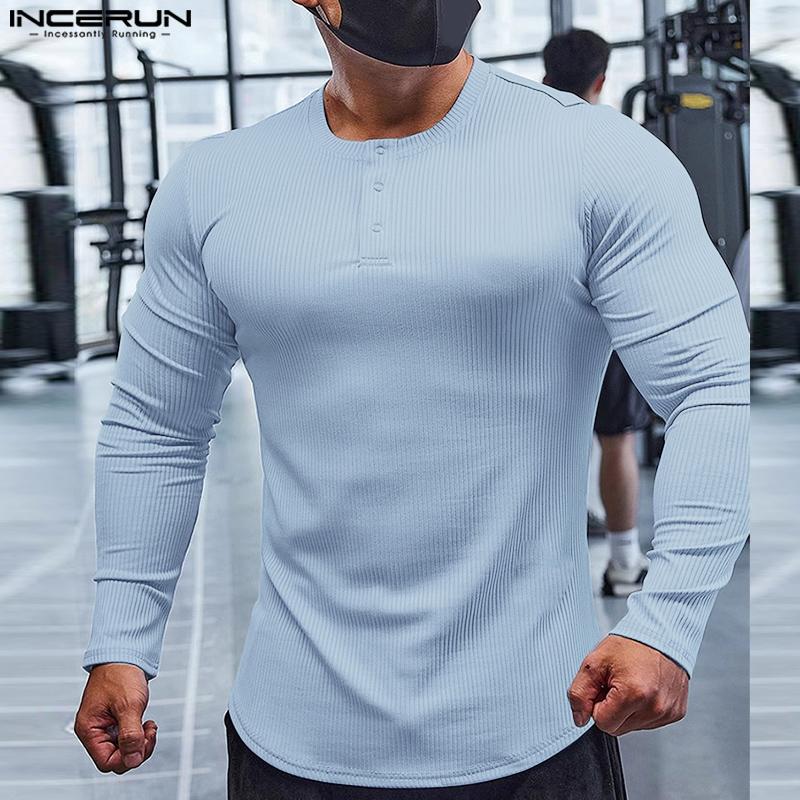 INCERUN Мужские повседневные облегающие топы с круглым вырезом и длинным рукавом в рубчик, футболки, майки