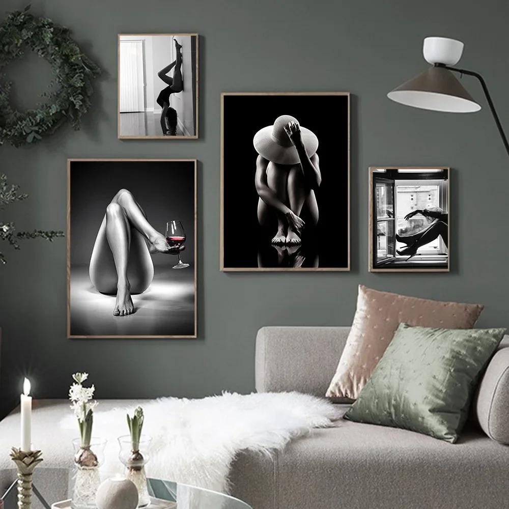 Black White Angel Wings Fashion Poster Nude Woman Wine Glass Canvas Print Painting Sexy Beautiful Girl Vintage Picture Home Deco