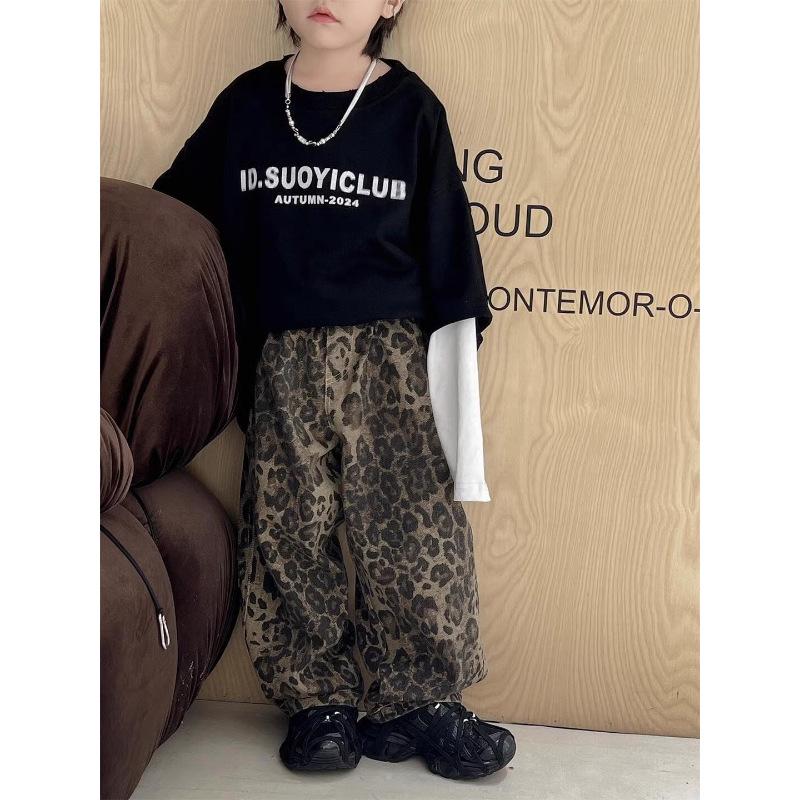 Осенние брюки в леопардовый принт для мальчиков - Толстые, прямого кроя, в стиле ретро, для детей маленького и среднего возраста