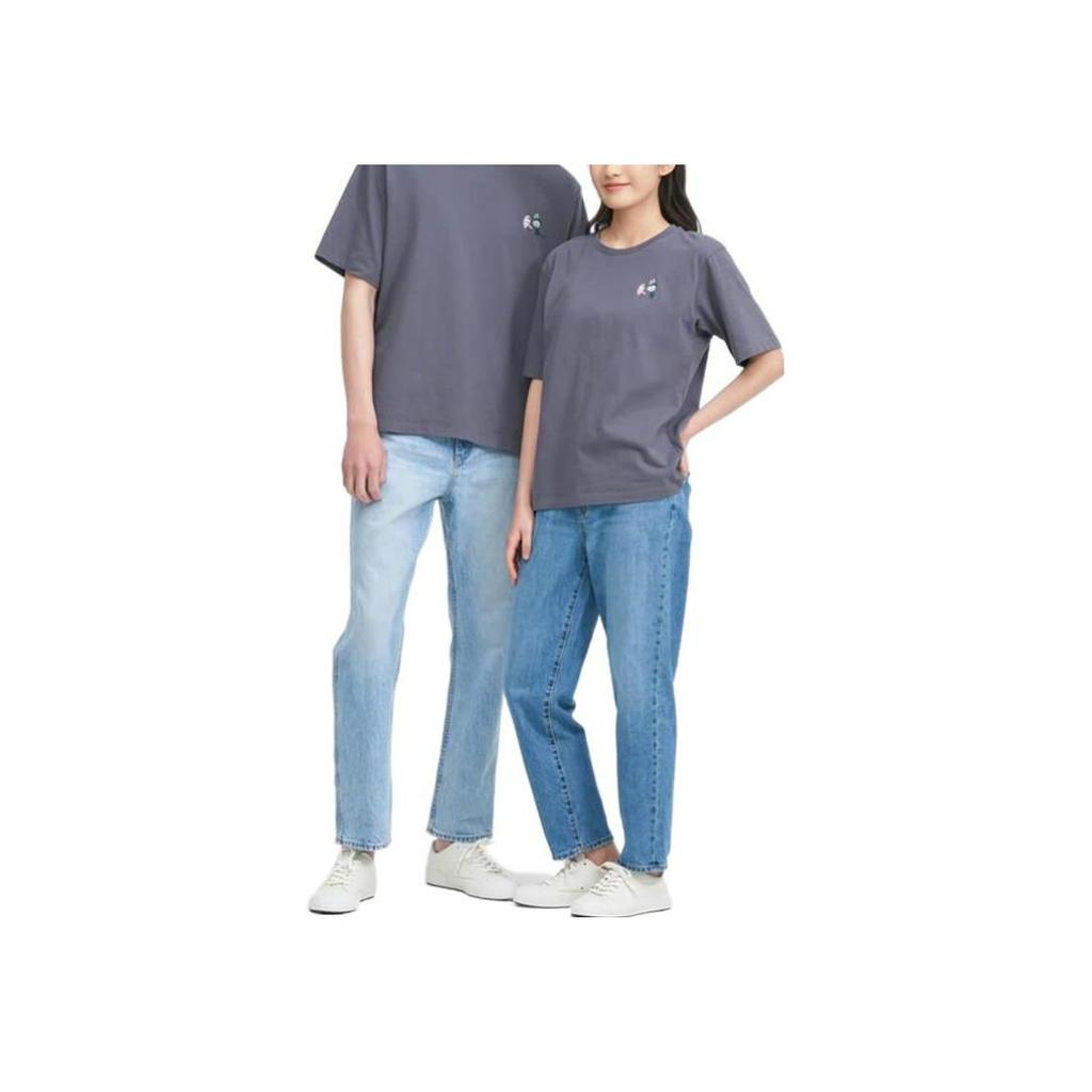 Uniqlo X Pop Mart Мультяшный Аниме Принт Футболка с Круглым Вырезом Унисекс Топы Темно-Серый 449367-08
