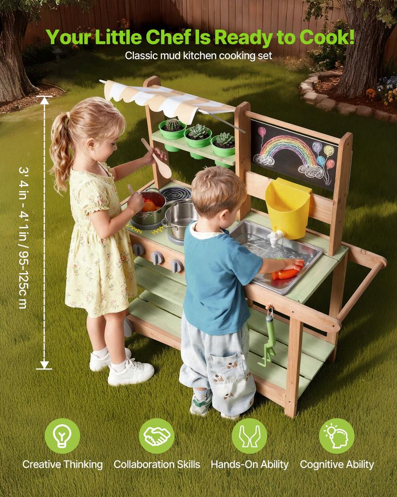VEVOR Mud Kitchen, Outdoor Mud Kitchen for Kids, Wood Outdoor Play Kitchens with Spoons, Sink, Sunshade Canopy, Swivel Wheels