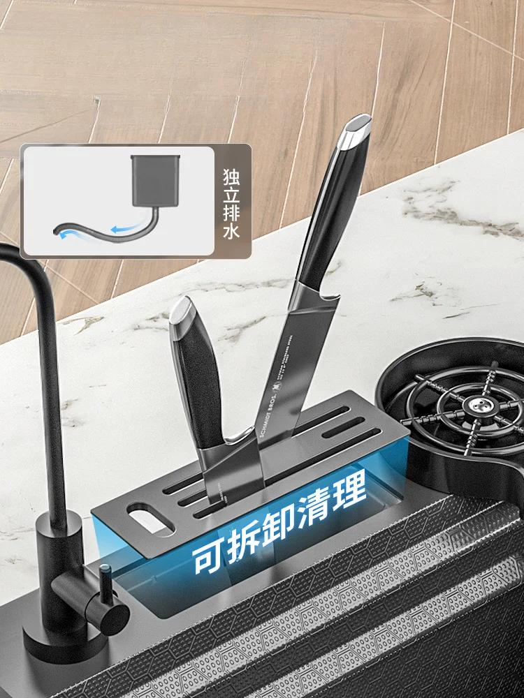 304 Stainless Steel Kitchen Sink with Double Waterfall Faucet Single Slot Integrated Digital Display Soap Dispenser Cup Washer