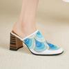 Mules Cow Skin Spring Summer Size 43 Size 42 Sandals Women High Heels Peacock Pattern Women Round Toe Slip On Pumps