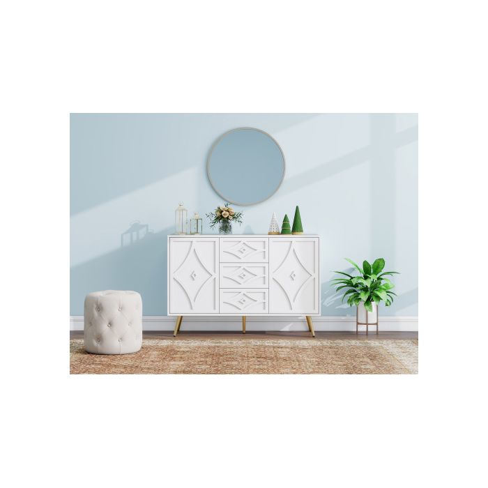 Buffet - MUVOE - Élégant à motif diamant - 3 tiroirs - 2 portes - Pieds dorés