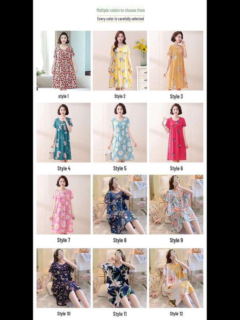 2023 Женская летняя ночная рубашка с коротким рукавом из хлопка и шелка с принтом