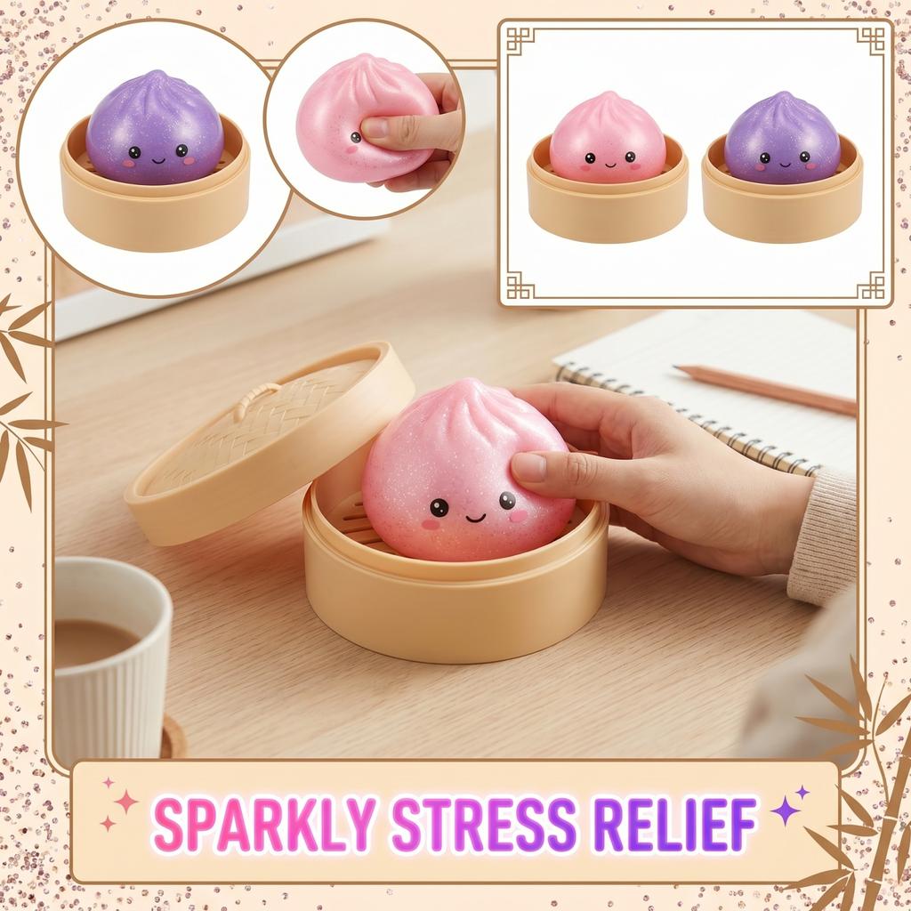 Squishy Bun Stress Relief Toy Slow Rising Soft Foam Squeeze Toy with Steamer Shape for Sensory and Anxiety Relief