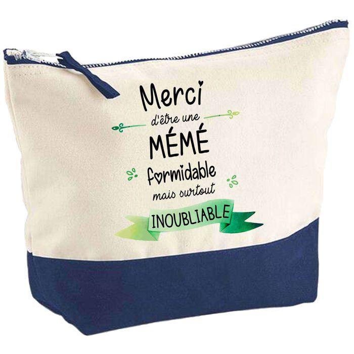 Trousse de maquillage - PLANETEE - Pochette fond bleu «Merci Mémé Inoubliable» - Grand format - Coton - Impression HD France