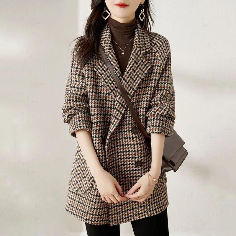 Высококачественная клетчатая шерстяная куртка Женская одежда Осень и Зима Обновленный иностранный стиль Уменьшающая возраст и стройнящая кофта
