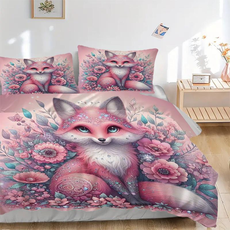 3pcs Fox & Pink Flower Bedding Set - Includes Quilt Cover and Pillowcases, Suitable for All Seasons, Machine Washable - Ideal Gift for Famil