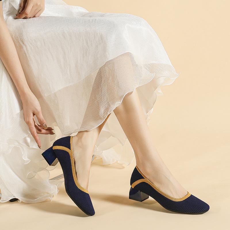 Туфли на каблуке для женщин Вязаные туфли-лодочки Женские модельные туфли на низком каблуке Офисные повседневные туфли с квадратным носком на массивном каблуке Модные женские туфли без шнуровки на каблуке