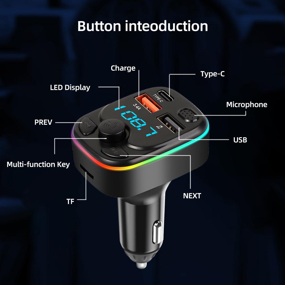 Автомобильный FM-передатчик Bluetooth 5.0 Type-C Dual USB 3.4A быстрое зарядное устройство со светодиодной подсветкой атмосферный свет MP3-плеер Lossless Music
