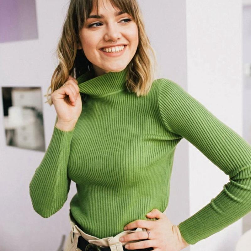 Женский осенне-зимний однотонный свитер с высоким воротником и длинными рукавами, облегающие вязаные топы
