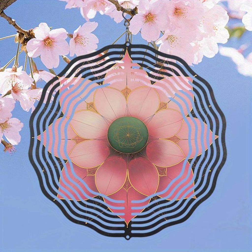Pink Lotus Metal Wind Chime 2D Kinetic Art Outdoor Hanging Ornament Soothing Sound Housewarming Christmas Thanksgiving Halloween Decor
