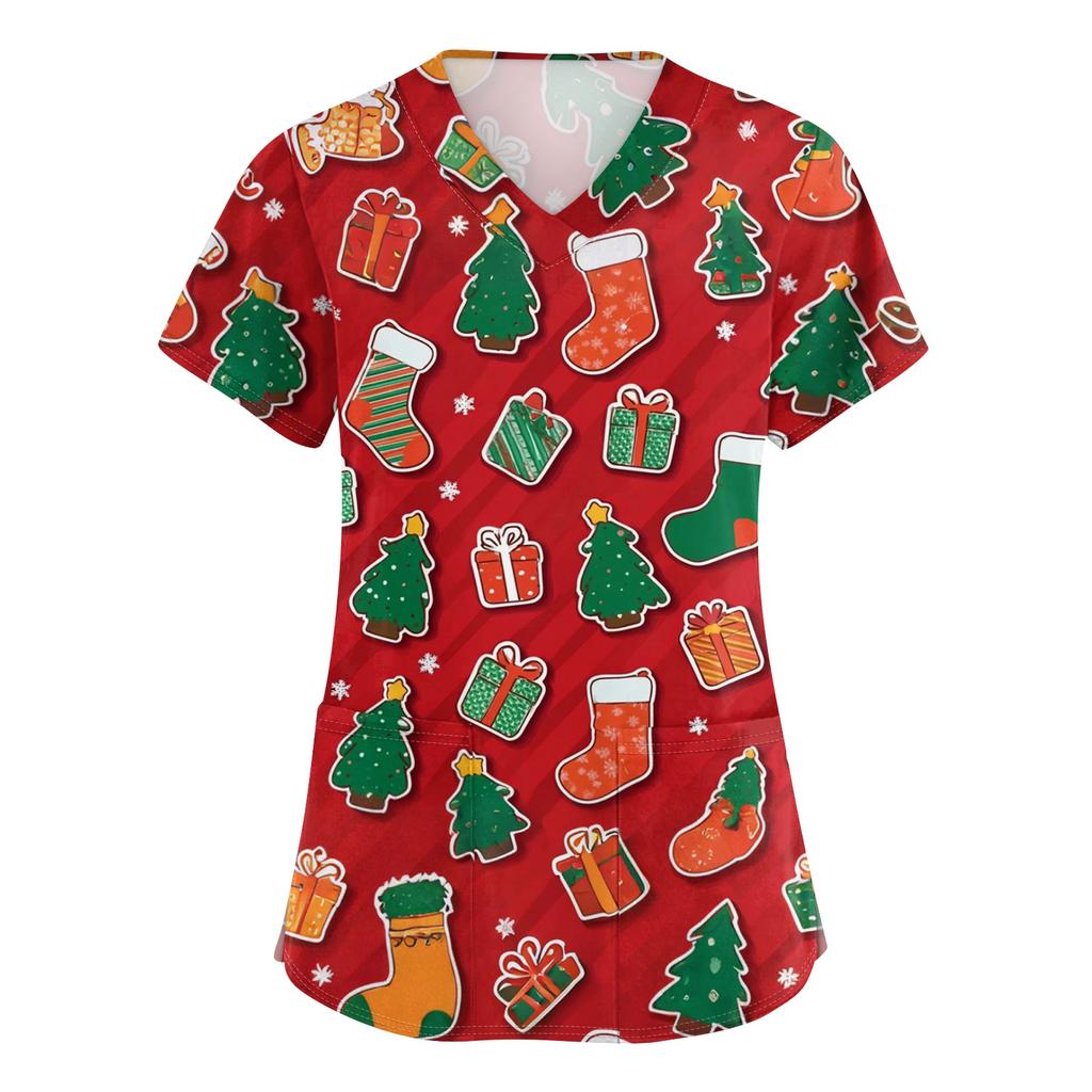 Женский топ защитного костюма с V-образным вырезом, рождественским принтом, короткими рукавами, карманом и боковым разрезом